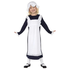 Victorian Poor Girl costume with navy dress, attached white apron, and mop hat – perfect for school heritage or colonial-themed days.