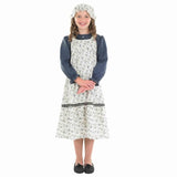 Kids Victorian School Girl costume with printed dress, grey shirt and mop hat – perfect for colonial days or school excursions.