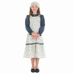 Kids Victorian School Girl costume with printed dress, grey shirt and mop hat – perfect for colonial days or school excursions.