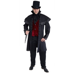 Victorian Vampire Adult Costume black long coat, short cape with high collar and red vest.