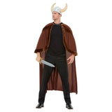 Viking Adult Cape & Helmet, long brown cape with fur trim and helmet with horns.