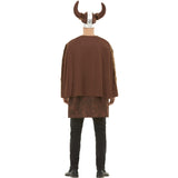 Viking barbarian costume includes, brown tunic, cape and helmet
