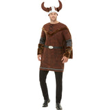 This Viking barbarian costume for men is brown with a fur trim and helmet