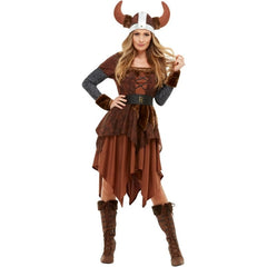 Viking Barbarian Queen Costume with Fur Dress and Horned Helmet