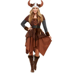 Viking Barbarian Queen Costume with faux fur trim dress and horned Viking helmet