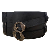 Black leather belt with silver buckles on a white background