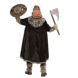 Back view of viking costume with fur trimmed cape and fur boot covers