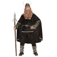Viking costume with coat, pants, belt, arm warmers, leg warmers, cape and helmet with fur trim
