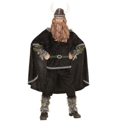 Viking costume with coat, pants, belt, arm warmers, leg warmers, cape and helmet with fur trim