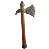 costume plastic prop viking style hand axe with silver and brown details on white background