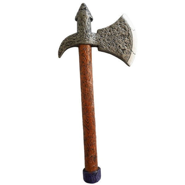 costume plastic prop viking style hand axe with silver and brown details on white background