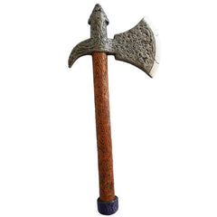 costume plastic prop viking style hand axe with silver and brown details on white background