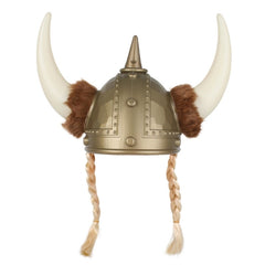 Plastic Viking helmet with detachable horns and blonde plaits, adult size costume accessory