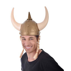 Plastic Viking helmet with detachable horns and blonde plaits, adult size costume accessory