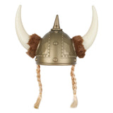 viking helmet with horns and fur trim and blonde plaits. 