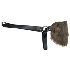 person wearing leather look viking or medieval harness with fur accent on shoulder