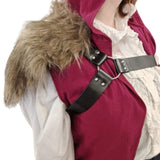 person wearing leather look viking or medieval harness with fur accent on shoulder