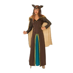 Viking shield maiden costume hire with warrior dress and medieval styling