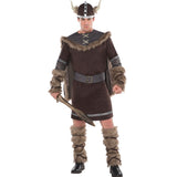 Viking Warrior, brown tunic with fur trim and cape, fur leg warmers and helmet with horns.