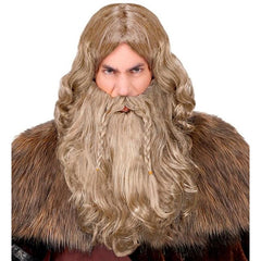 Viking wig with beard and moustache in light brown with plaited detail