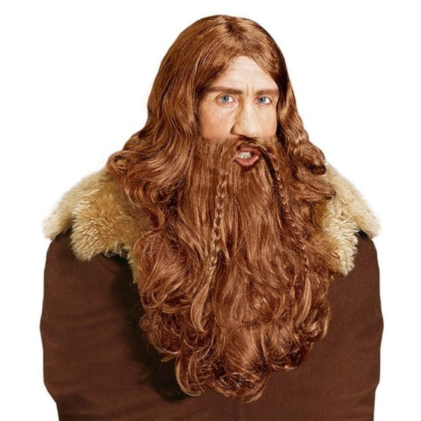 Viking wig with long auburn beard and moustache featuring braided details