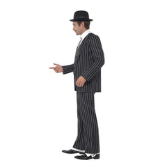 Vintage 1920s gangster boss adult costume with striped jacket, pants, vest, shirt, and tie