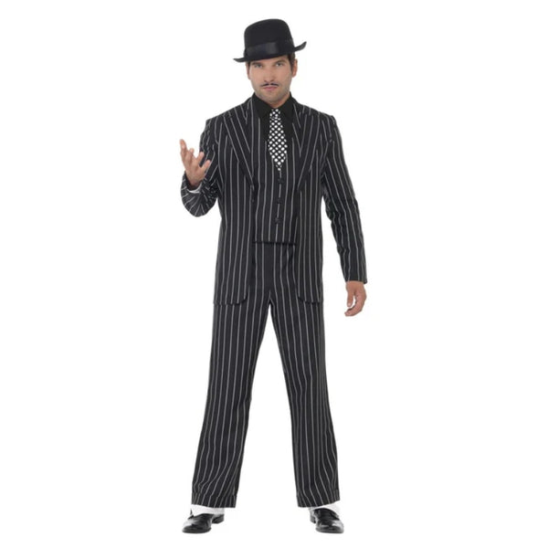 Vintage 1920s gangster boss adult costume with striped jacket, pants, vest, shirt, and tie