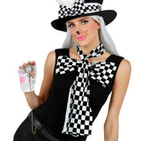 A woman modeling a black and white checkered costume set featuring a sleeveless top, matching bow, a checkered top hat with white bunny ears, a white wig, and a white glove with pink polka dots and a pocket watch.