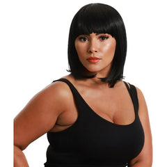 Black bob wig with full fringe and sleek straight styling