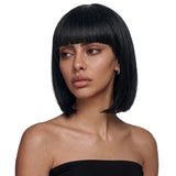 Black bob wig with full fringe and sleek straight styling