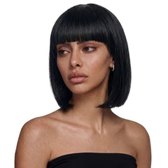 Black bob wig with full fringe and sleek straight styling