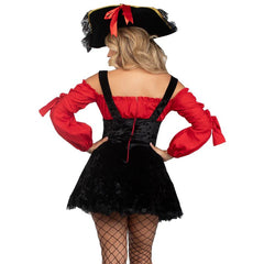 Vixen Pirate Wench - Hire, red and black dress with corset and peasant style. Hire includes dress, petticoat and hat.