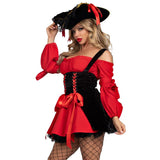Vixen Pirate Wench - Hire, short dress with ribbon lacing through waist and black shoulder straps.