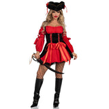Vixen Pirate Wench - Hire, red and black pirate dress with ribbon lacing. Hire includes dress, hat and petticoat.