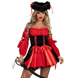 Vixen Pirate Wench - Hire, red and black dress with corset and peasant style. Hire includes dress, petticoat and hat.