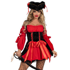 Vixen Pirate Wench - Hire, red and black dress with corset and peasant style. Hire includes dress, petticoat and hat.
