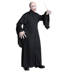 Voldemort Adult Costume – front view featuring a flowing long black robe with wide sleeves and a moulded face mask to recreate the iconic dark wizard look.