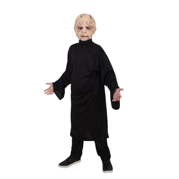 Voldemort Classic Child Costume – includes a long black robe with flowing sleeves and an overhead moulded mask featuring painted vein details for a spooky, storybook villain look.