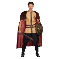 Adult wearing a Voracious Viking costume with faux leather tunic and fur cape for Book Week and Viking themed events
