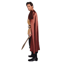 Adult wearing a Voracious Viking costume with faux leather tunic and fur cape for Book Week and Viking themed events