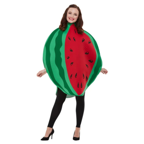 Watermelon costume for adults in green and red, looks like a piece is cut out to expose the seeds.