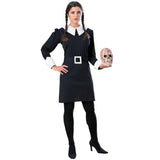 Wednesday Addams Women's Deluxe Halloween Costume, dress with white collar and cuffs plus belt.