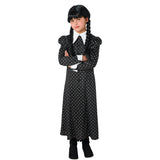 Wednesday Deluxe child costume with black floral dress white collar and cuffs