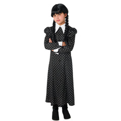 Wednesday Deluxe child costume with black floral dress white collar and cuffs