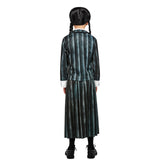 Back view of Wednesday Nevermore Academy child costume with pinstripe jacket and pleated skirt