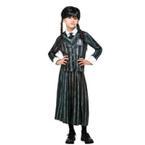 Wednesday Addams Nevermore Academy child costume with black pinstripe jacket and pleated skirt