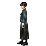 Side view of Wednesday Nevermore Academy black pinstripe child costume