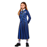 Wednesday Nevermore Blue child costume with pinstripe jacket and pleated skirt