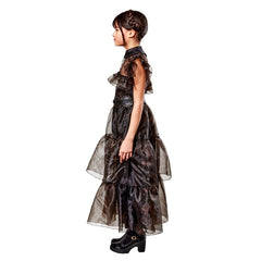 Wednesday Rave'n Deluxe Costume, long black dress with puffed tulle shoulders, layered skirt.- Child, 