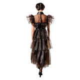 Black sheer dress with ruffled sleeves on a white background